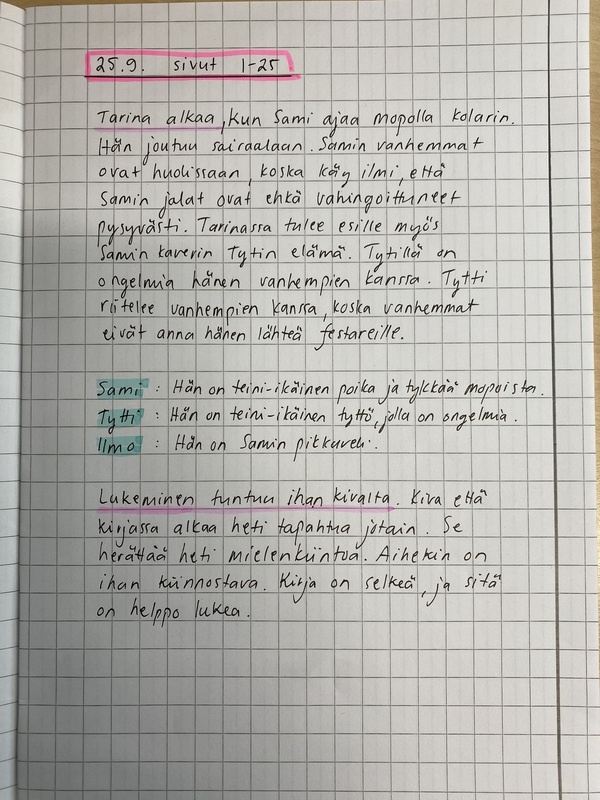 Malli yhdestä lukupäiväkirjan merkinnästä