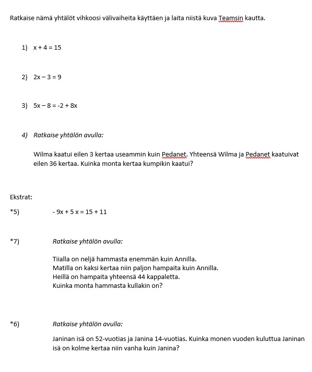 Matematiikka: Yhtälötehtäviä 19.3.2020