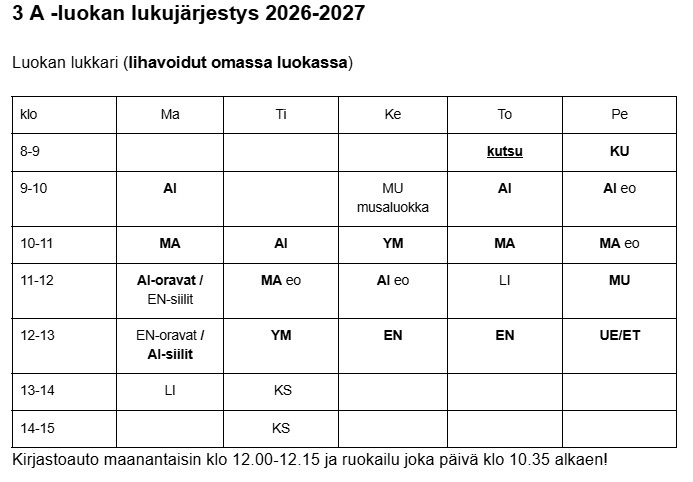 3A:n Lukujärjestys 2026-2027