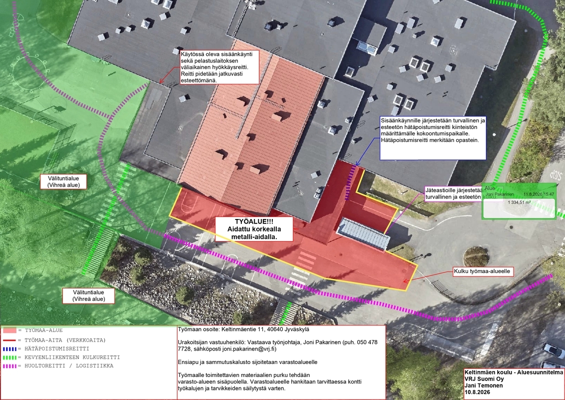 Keltinmäen koulun työmaa- ja välituntialueet ja kulkemisreitit; voimassa 7.9.2026 saakka