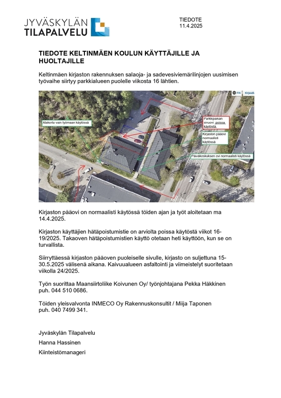 Päivitetty tiedote Keltinmäen koulun käyttäjille 11.4.2025