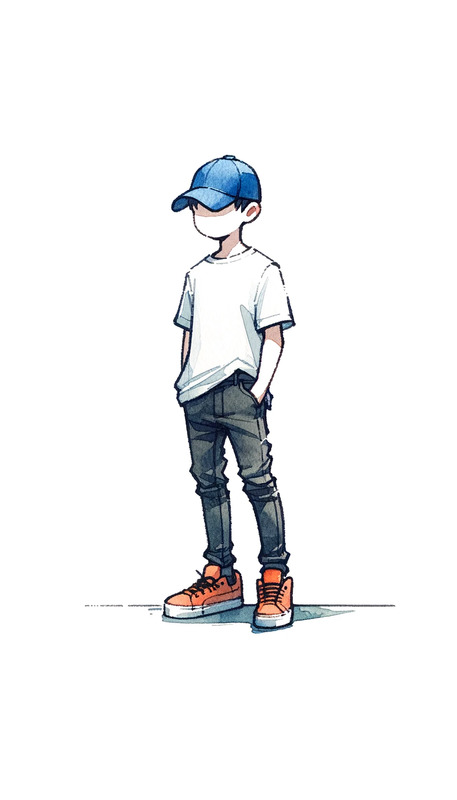DALL·E 2024-05-12 23.42.46 - A simple watercolor-style drawing of a 20-year-old boy standing in an X position. He is wearing a blue baseball cap, a white t-shirt, black full-lengt.png
