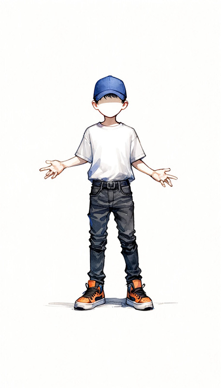 DALL·E 2024-05-12 23.47.40 - Using the same watercolor-style from the first image (gen_id_ t75mlB6AAqvQpc10), draw the 20-year-old boy standing facing the camera with his hands ra.png