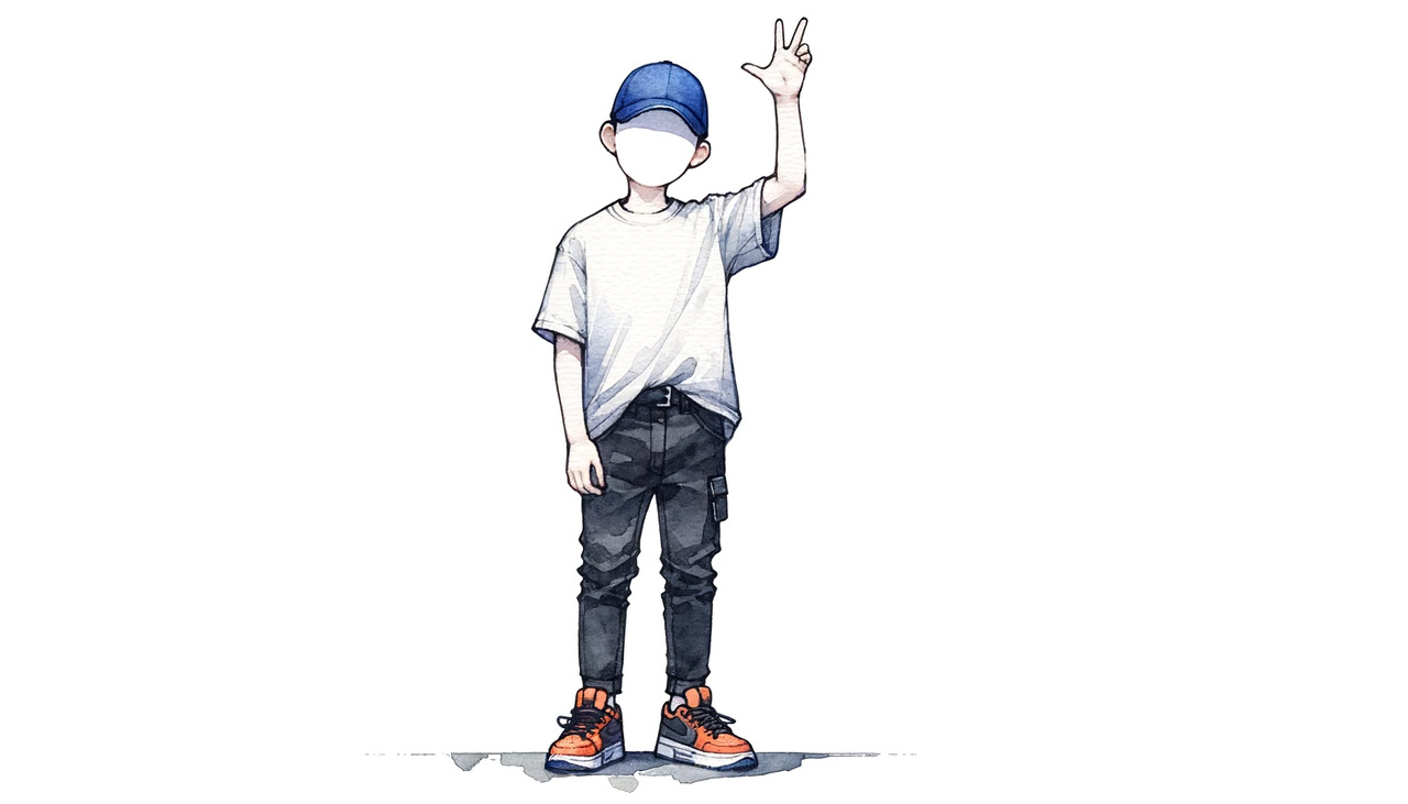 DALL·E 2024-05-12 23.51.40 - Using the same watercolor-style from the first image (gen_id_ t75mlB6AAqvQpc10), draw the 20-year-old boy facing the camera, raising his left hand up .png