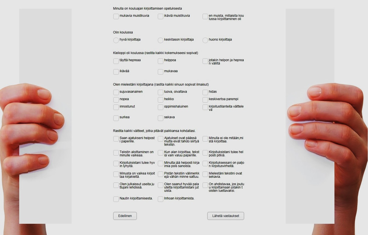 Kysely Kuvassa kuva Marjo Nurmen tekemästä kyselystä liittyen kirjoittamiseen liittyvistä kokemuksista ja kirjoitushalukkuudesta.