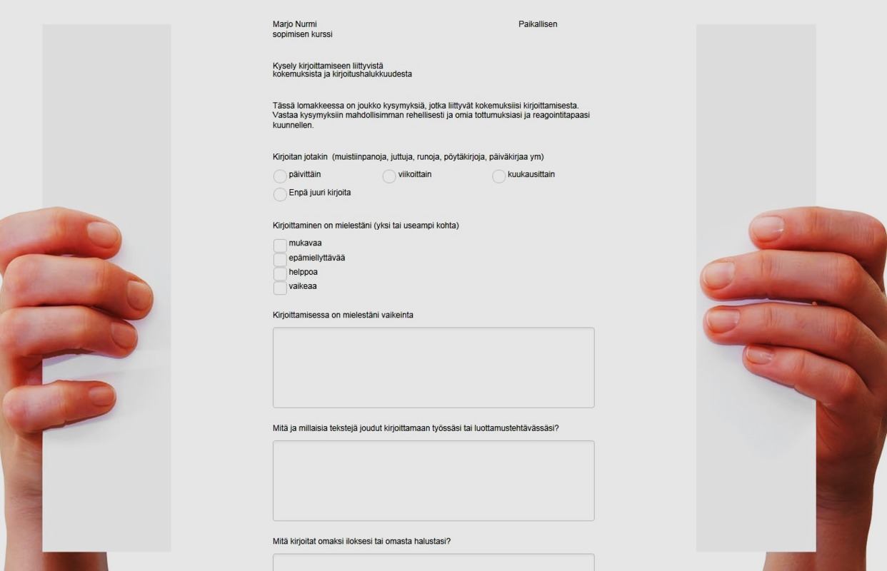 Kysely Kuvassa kuva Marjo Nurmen tekemästä kyselystä liittyen kirjoittamiseen liittyvistä kokemuksista ja kirjoitushalukkuudesta.