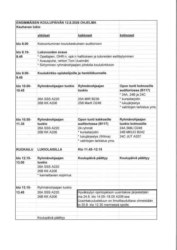 Ensimmäisen koulupäivän ohjelma 12.8.