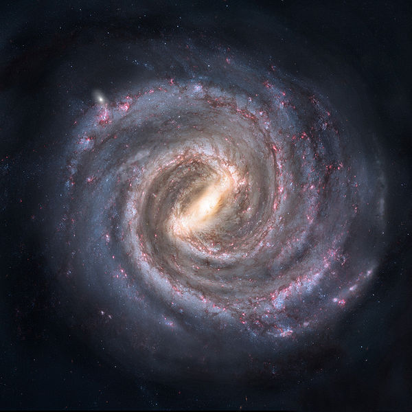Kuvassa on galaksimme Linnunrata. Sen spiraalimainen muoto näkyy selvästi  kuvasta.
