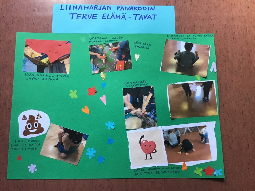 Liinaharjan päiväkodin Vihreä lippu-tavat teemassa Terve elämä
