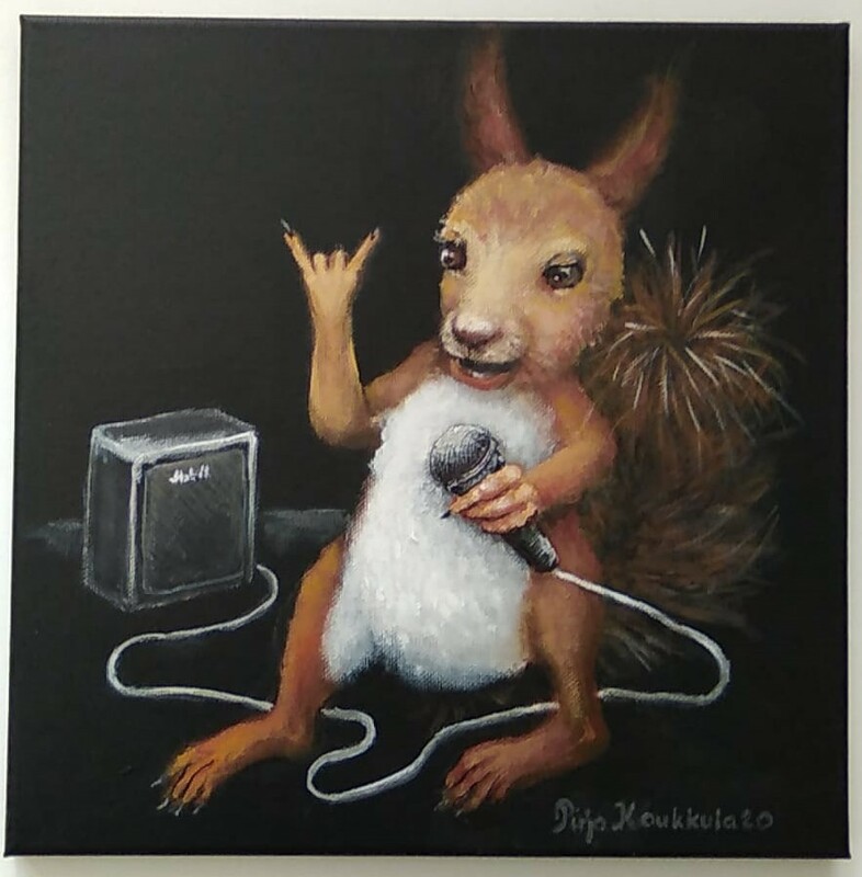 Maalaus, jossa orava rokkaa.