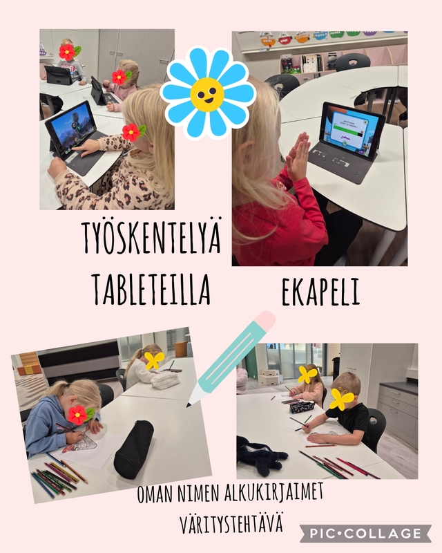 Tableteilla ekapelin pelaamista ja väritystehtävä