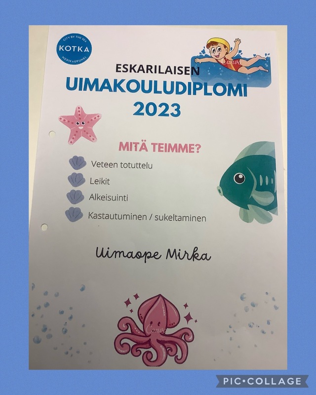 Uimakouludiplomi 🏊‍♀️ Kävimme Karhulan uimahallissa eskarin kanssa uimakoulussa ja saimme sieltä kaikki diplomit👍