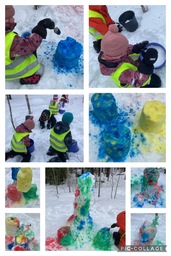 Lumimaalausta takametsässä.Käytimme ämpäreitä, jolla teimme isoja lumikakkuja ja sitten maalasimme ne.❄️⛄️