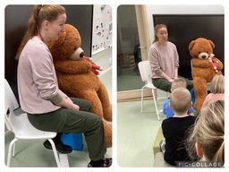 Satu Liiri  ( koulukuraattori) keskustelemassa eskareiden kanssa erilaisista tunteista ja kavertaidoista.