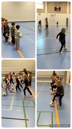 Helmikuussa pääsimme pelaamaan jalkapalloa KTP: n valmentajan Minna Vierulan johdolla koulun liikuntasalissa. Harjoittelimme mm. pallon pysäyttämistä, kuljettamista. Vilinää ja vilskettä oli eskareiden jalkapallopelissä. Maalejakin syntyi pelissä ja hurraarahuudot  olivat sen mukaiset.