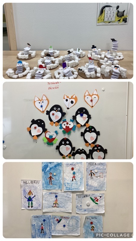 Askartelua Tänä vuonna emme päässeet nauttimaan kunnon talvesta. Mäenlasku, hiihtäminen ja lumiukkojen rakentelu jäivät minimiin vähäisen lumen vuoksi.Lumiukkoja ja lumilinnoja rakensimme askartelun muodossa. Helmikuussa vietimme ystävänpäivää ja teimme kortteja hyvälle kaverille.