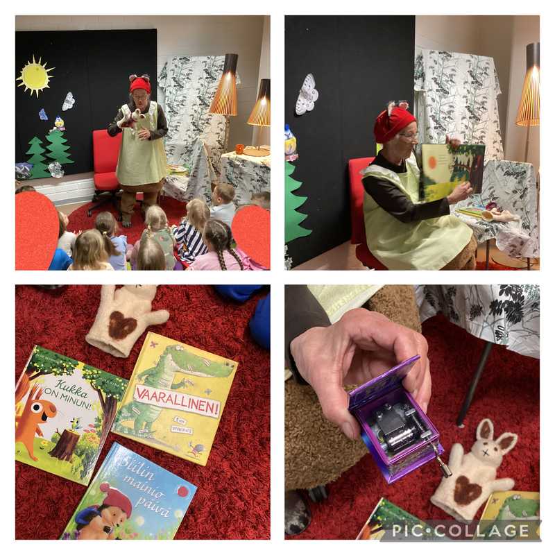Kuvissa karhu Kyminmamma lukee satuja sekä kirjat