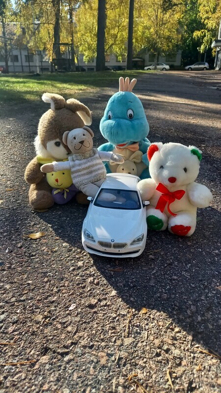 Nalle ystävien kanssa autoajelulla