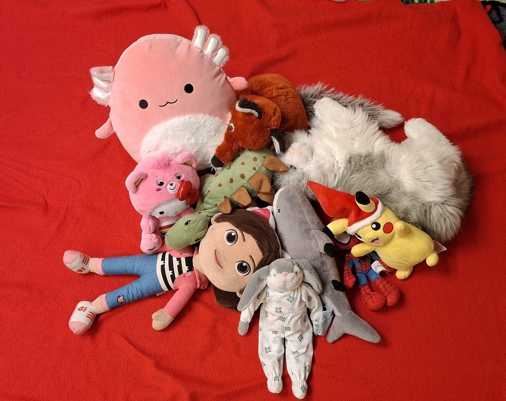 20250219_131348.jpg Punaisella viltillä lasten pehmoleluja, mm. pupu, Pikachu, kettu-käsinukke.