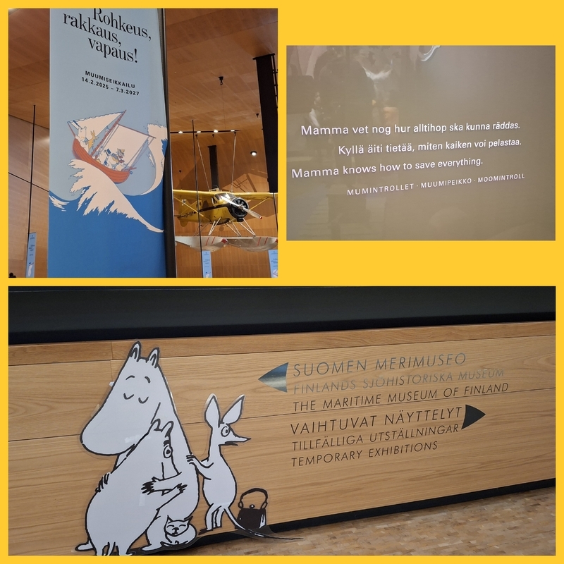 20250506_132042.jpg Kuvia Vellamon Muuminäyttelystä, näyttelyn mainos, tekstiä seinällä ja suuntaohjeita.