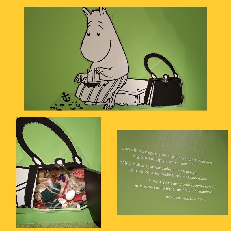 20250506_132200.jpg Kuvakollaasi Vellamon Muuminäyttelystä, Muumimamma, Mamman laukku ja tekstiä seinällä.