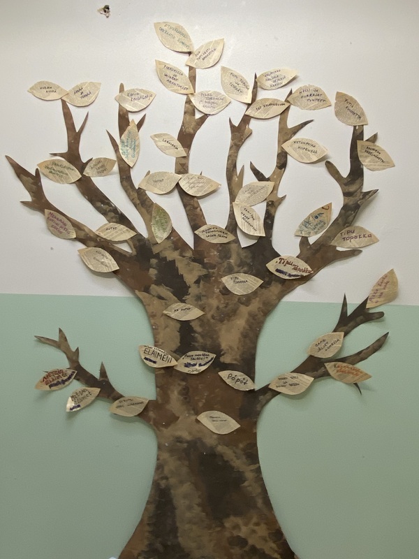 IMG_4414.jpeg Paperista leikattu iso puu seinällä, puu on maalattu ruskean eri sävyillä. Puussa on paljon paperisia lehtiä, joissa on kirjojen nimiä.