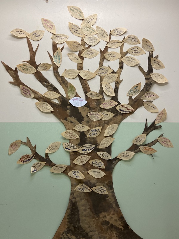 IMG_4456.jpeg Seinällä oleva paperista leikattu iso puu. Puun oksilla on paperisia lehtiä, joissa on kirjojen nimiä.