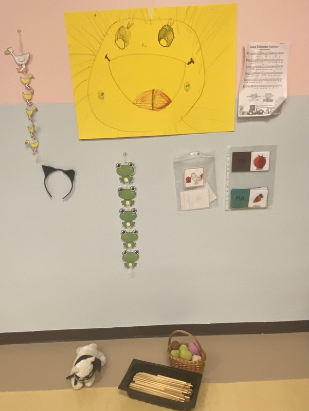 IMG_4522.jpeg Sisällä seinällä kuvia eri lauluista, esim. viisi pientä sammakkoa ja naamiokissa.