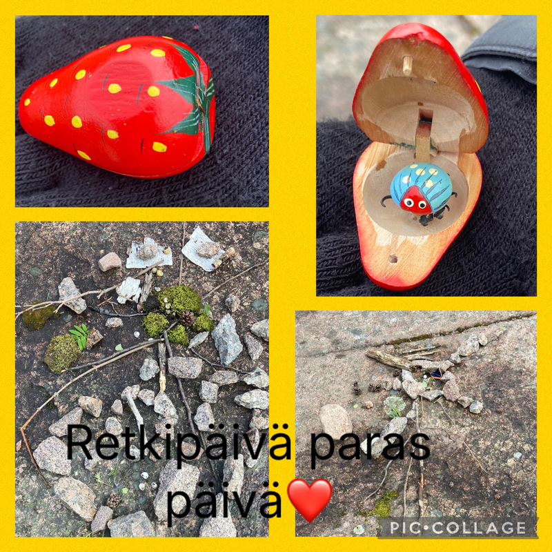 IMG_5047.jpeg Kuvakollaasi, neljä kuvaa. Kaksi kuvaa puisesta mansikasta, jonka sisällä on pieni puinen ötökkä. Kaksi kuvaa oksista, kivistä, kukista ym. rakennetuista luontotaideteoksista.