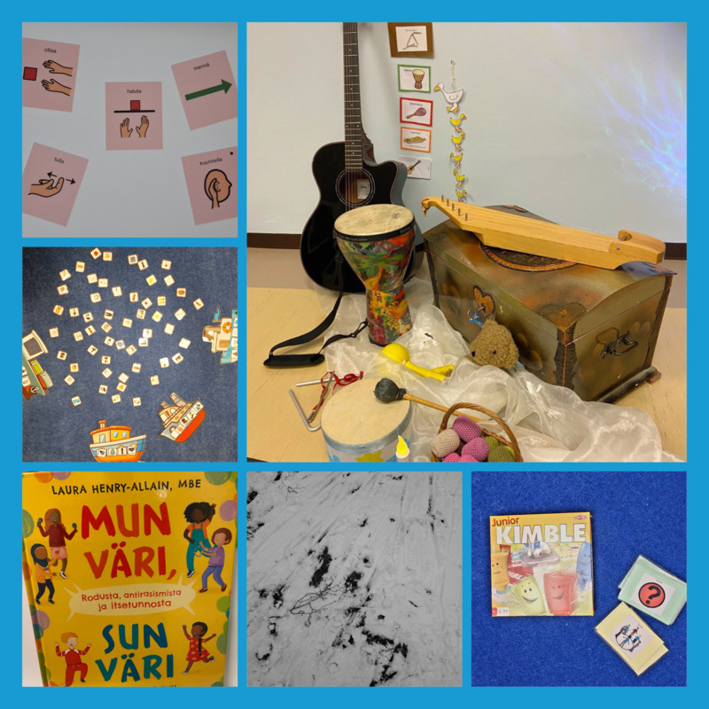 picture_1737711902021.png Kuvakollaasi. Kuusi kuvaa, kuvakortteja verbeistä, laiva on lastattu -peli, kirja Mun väri, sun väri, jäinen ja luminen maa, Junior Kimble -peli ja erilaisia soittimia.