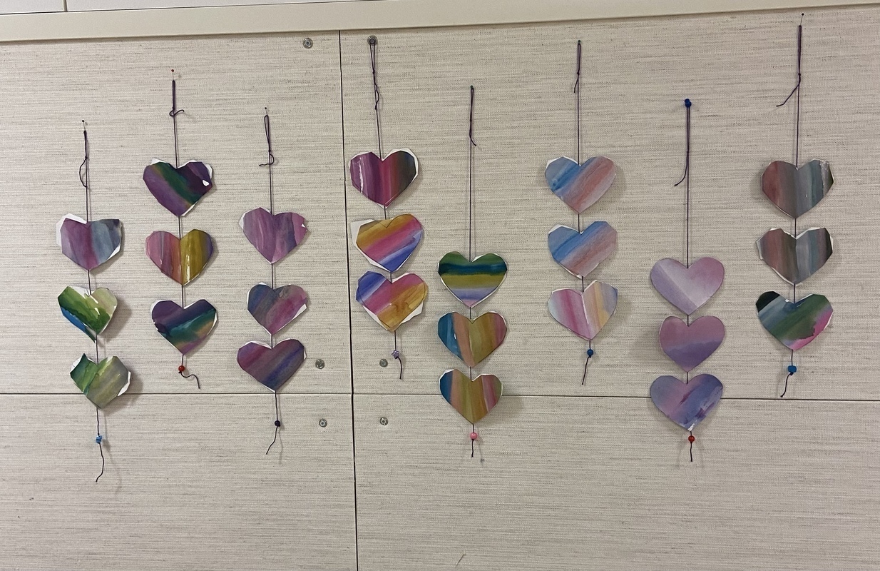 Ystävyydelle ❤️ Vesiväreillä laveeratusta paperista leikattuja sydämiä, jotka on liimattu lankaan roikkumaan.