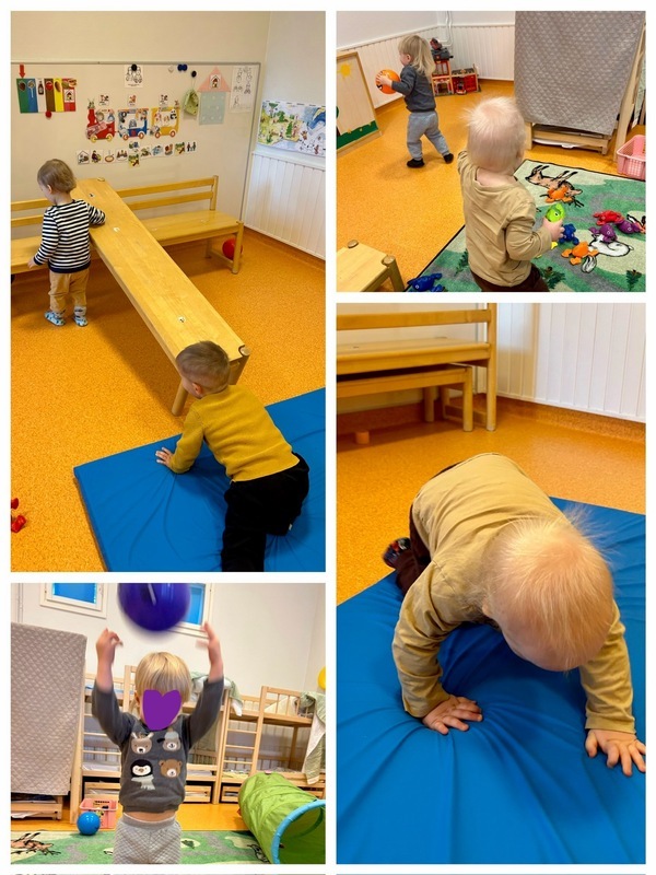 Kuvakollaasissa lapsia jumppaamassa pallojen, patjojen ja penkkimäen kanssa