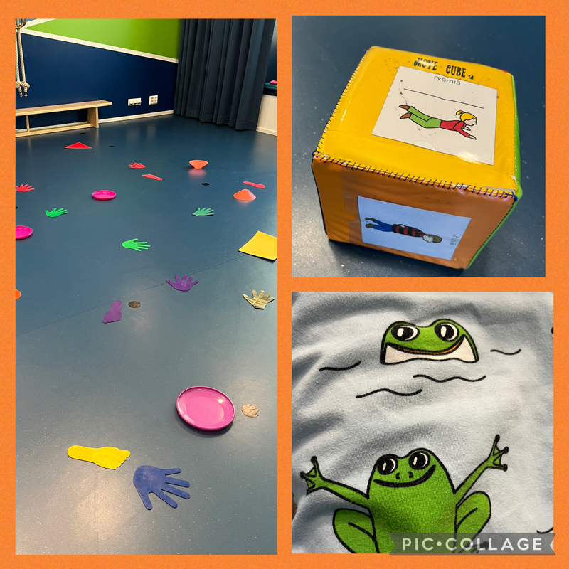Kuvassa jumppasali, jumppanoppa ja sammakko