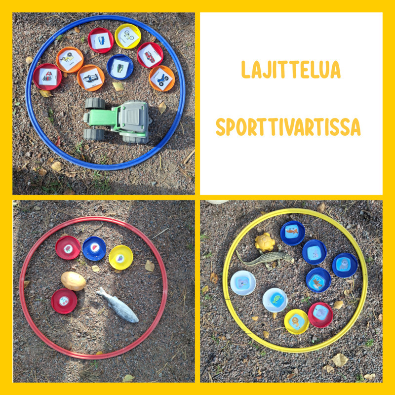 Vietämme kahden viikon välein koko talon sporttivarttia, jossa kaikki päiväkodin ryhmät liikkuvat eri tavoin yhdessä. Tällä kertaa lapset pääsivät lajittelemaan pihalta löytämiään kiekkoja sen mukaan onko kyseessä syötäv, kulkuneuvo vai eläin.
