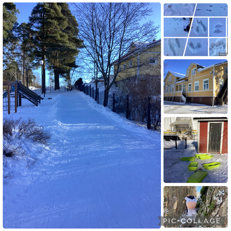 Kuvakollaasi päiväkodin talvisesta pihasta