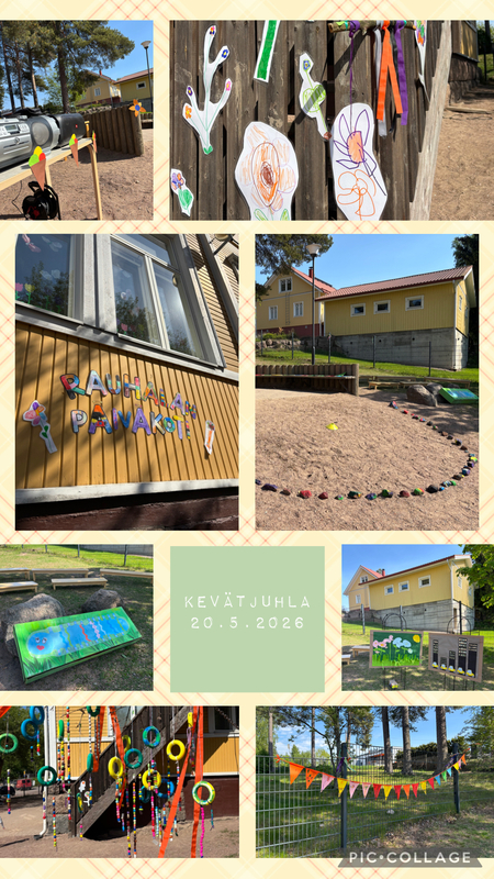 Kuvakollaasi, jossa on kuvia päiväkodin koristellusta pihasta.