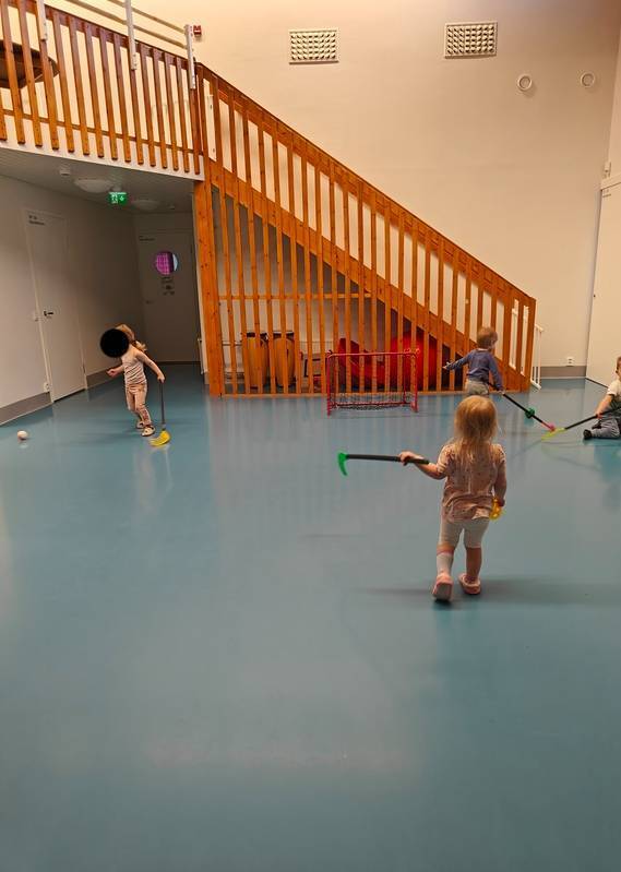 IMG_20250205_130136.jpg Neljä lasta pelaa sählyä jumppasalissa.