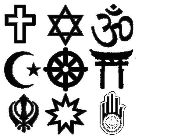 Kuvassa maailmanuskontojen symboleita