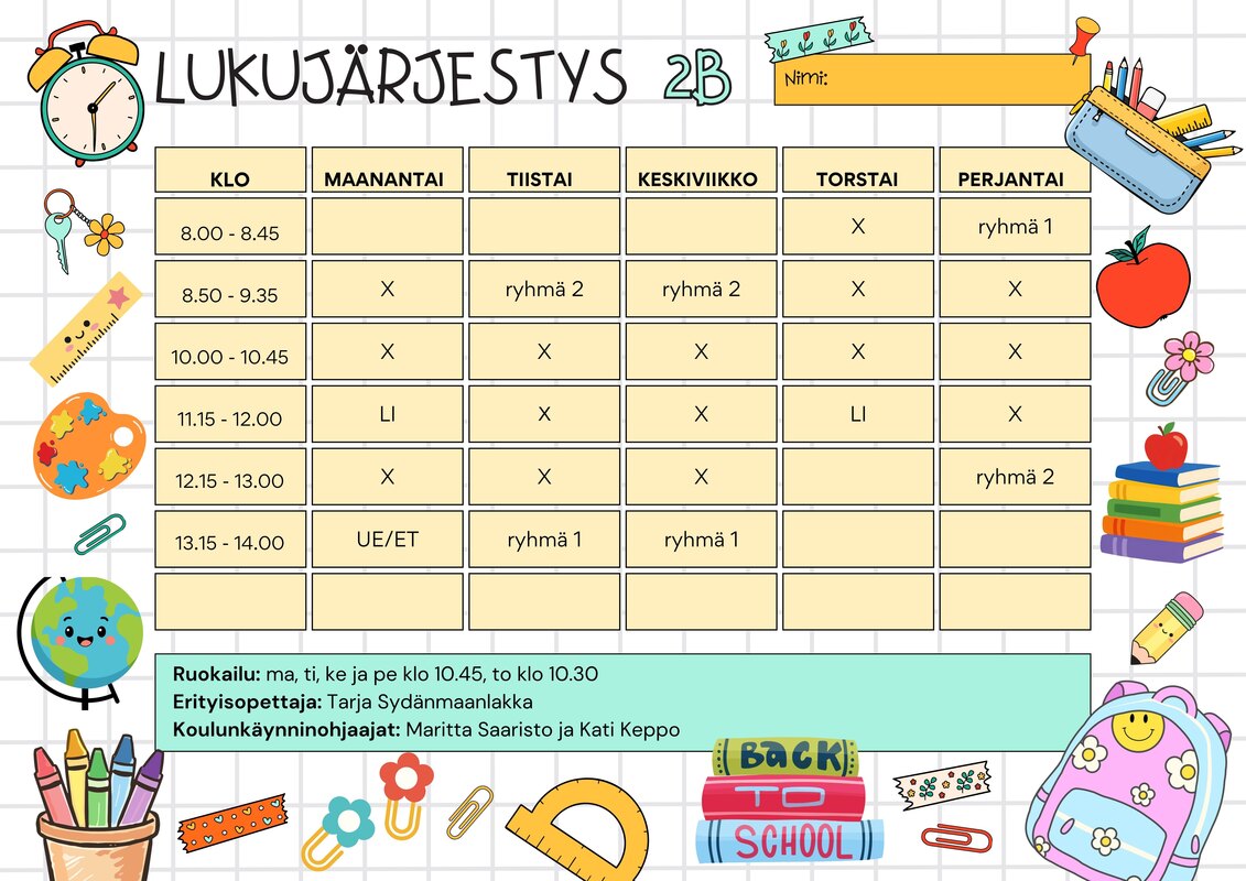 2B-luokan lukujärjestys