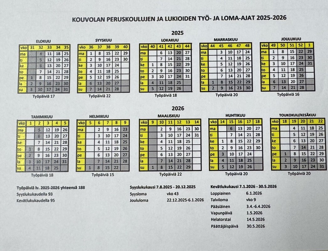 Työ-ja loma-ajat 2025-2026