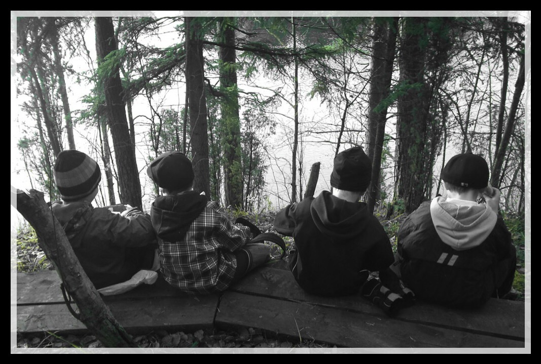 Neljä lasta istumassa metsässä.