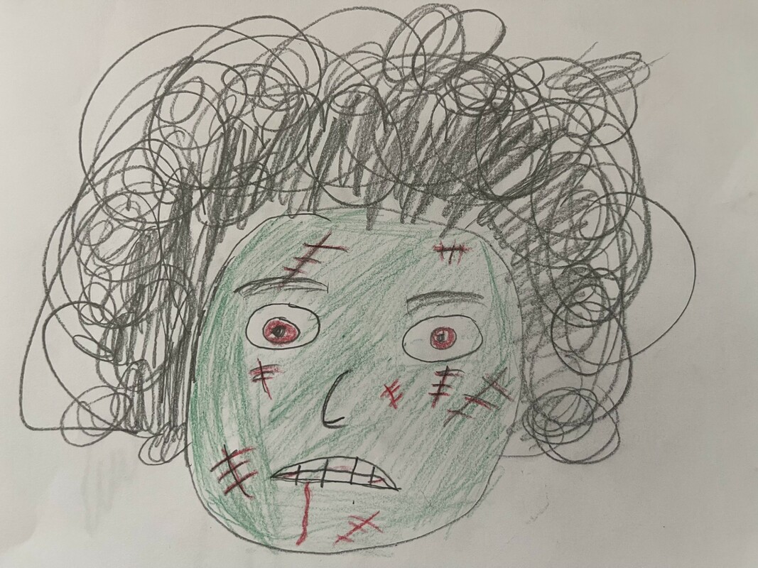 Kuvassa piirretty vihreänaamainen frankenstein, jolla arpia naamassa ja kihara musta tukka.