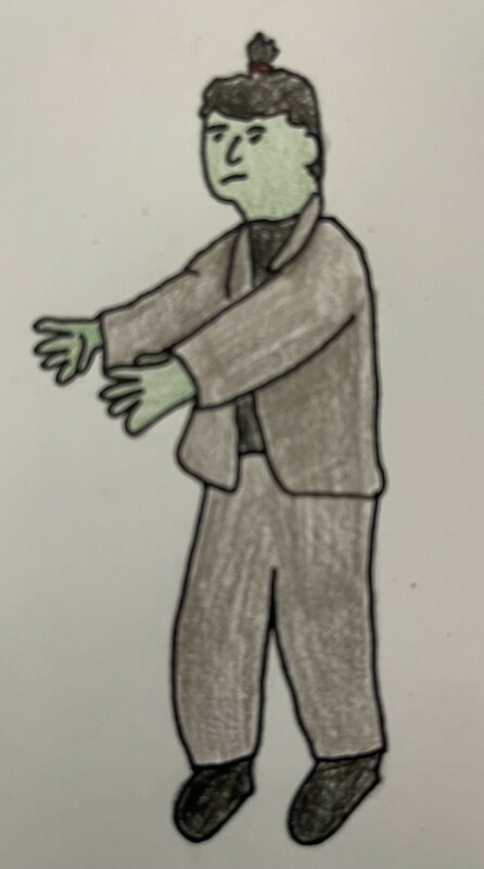 Kuvassa kädet suorana edessä kävelevä piirretty Frankenstein