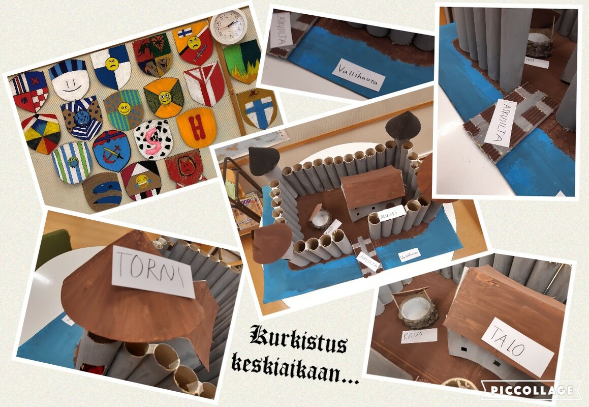 Kuvassa kuvakollaasi oppilaiden tekemistä keskiaikaisista vaakunoista ja linnasta.