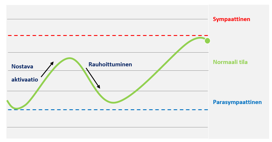2module4_Bild2-Finn.png Kaavio vireystilan vaihtelusta sietoikkunan rajoissa pysyen. Keskellä vihreä aaltoileva viiva, joka nousee ja laskee aktivoitumisen ja rauhoittumisen mukaan. Asteikon yläpäässä on katkoviivalla merkitty raja, jonka yhteydessä on teksti "sympaattinen" ja alapäässä raha, jonka yhteydessä teksti "parasympaattinen".