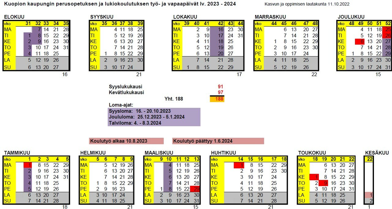 Kalenterinäkymä lukuvuoden 2023-2024 työ- ja vapaapäiviin.