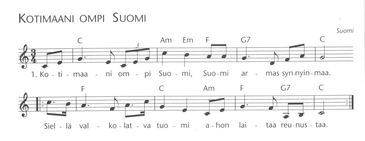 Kuva, jossa nuotit ja sanat Kotimaani ompi Suomi -lauluun