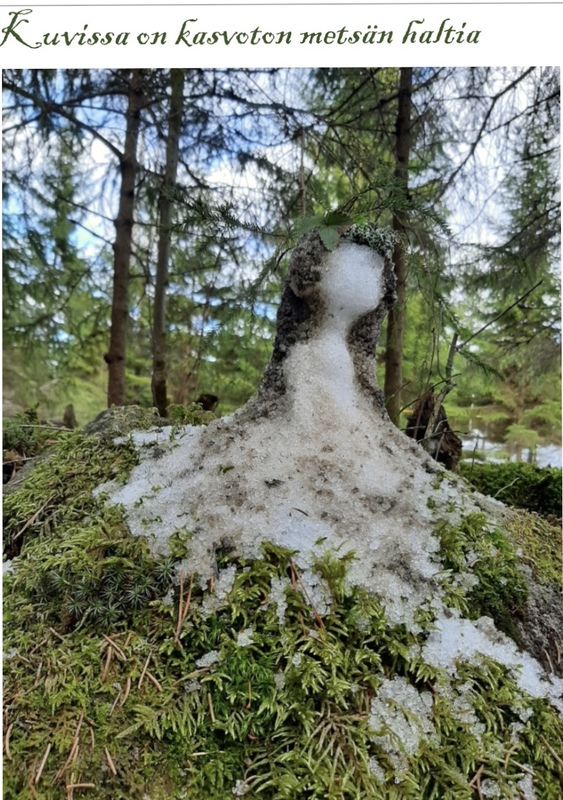 Muotoilua lumesta ja luonnonmateriaaleista.