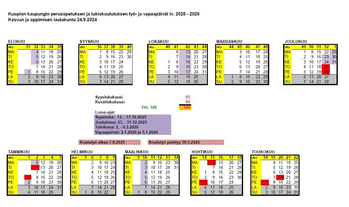 Lukuvuoden 25-26 työ- ja vapaapäivät