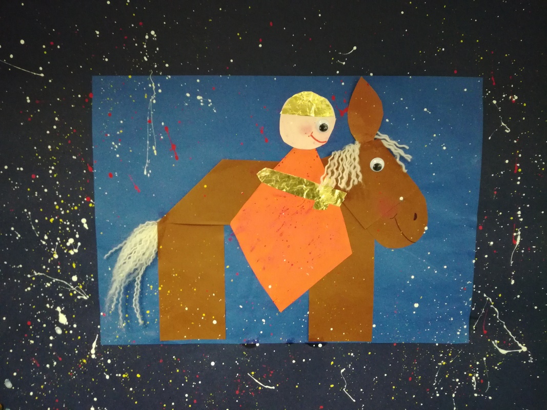 Valokuva piirroksesta, jossa hevonen ja ratsastaja